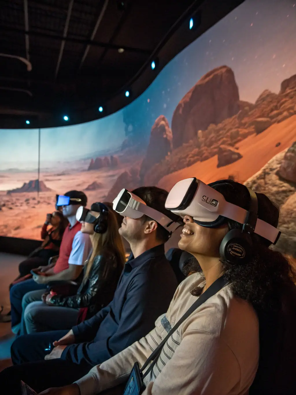 A group of visitors experiencing a virtual reality simulation of a Mars mission, exploring the Martian landscape and conducting scientific experiments at the Museum of the Future.