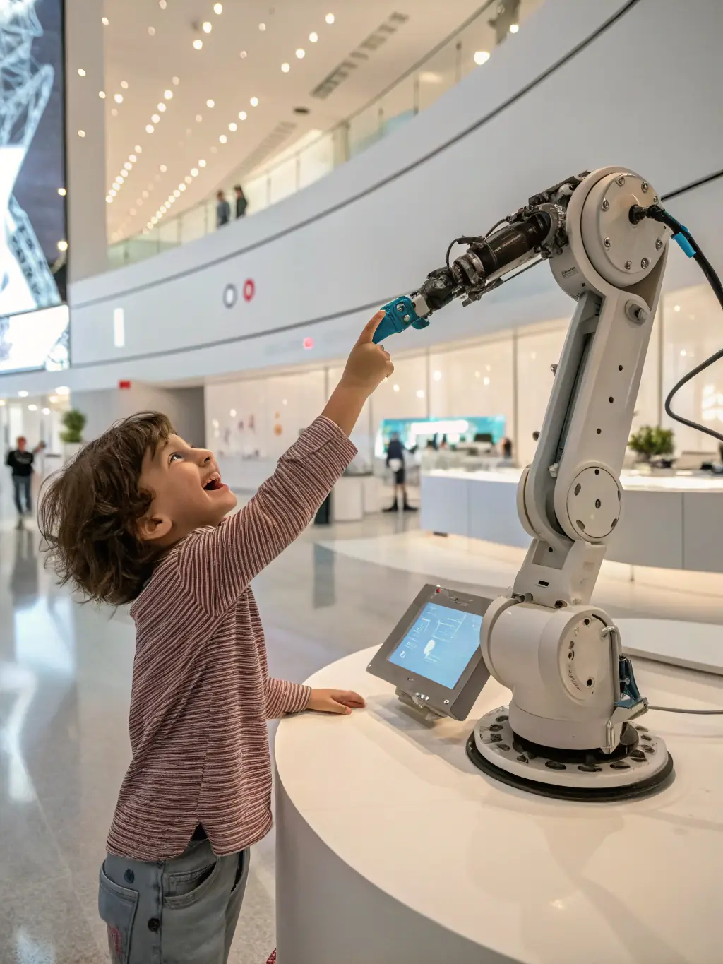 A child interacting with a robotic arm that mimics their movements, demonstrating the advancements in robotics and human-machine interaction at the Museum of the Future.