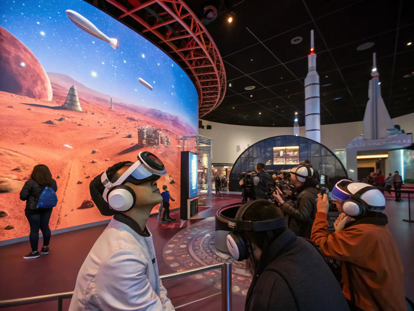 A stunning visual of a Mars colony model, with visitors experiencing a virtual reality space mission, inside the Museum of the Future.