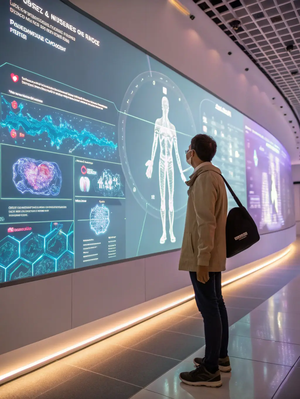 A visitor interacting with a holographic display showcasing AI applications in healthcare, demonstrating real-time diagnostics and personalized treatment plans at the Museum of the Future.