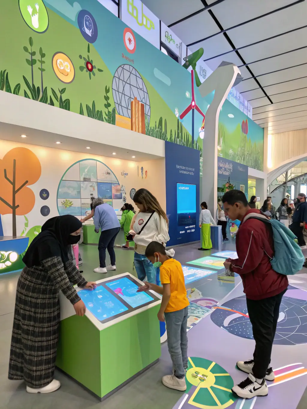 Visitors participating in a sustainability challenge, using interactive displays to learn about renewable energy solutions and reduce their carbon footprint at the Museum of the Future.