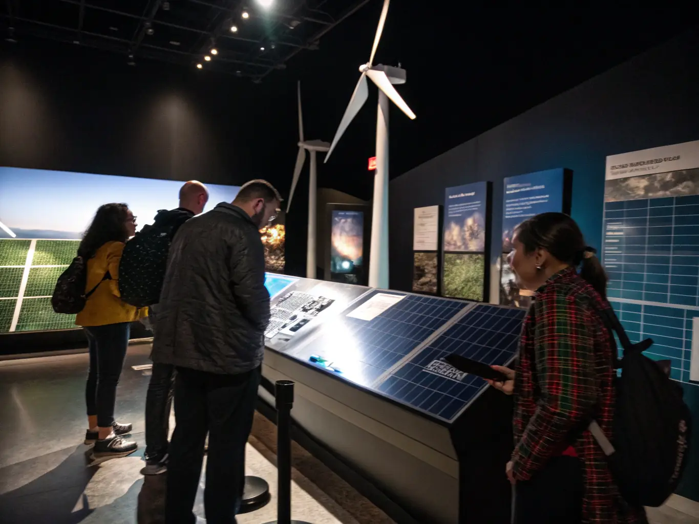 An interactive display demonstrating renewable energy solutions, with visitors participating in sustainability challenges, within the Climate Change Solutions exhibit.