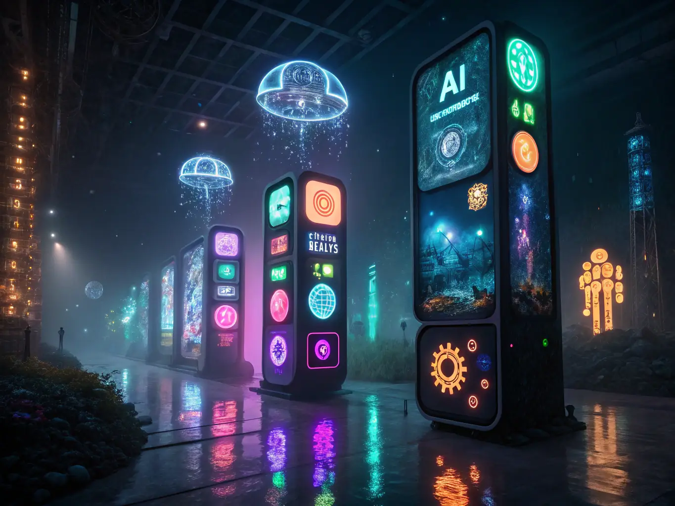 An interactive display showcasing AI applications in various sectors, with visitors engaging with the technology, set in a futuristic museum environment.