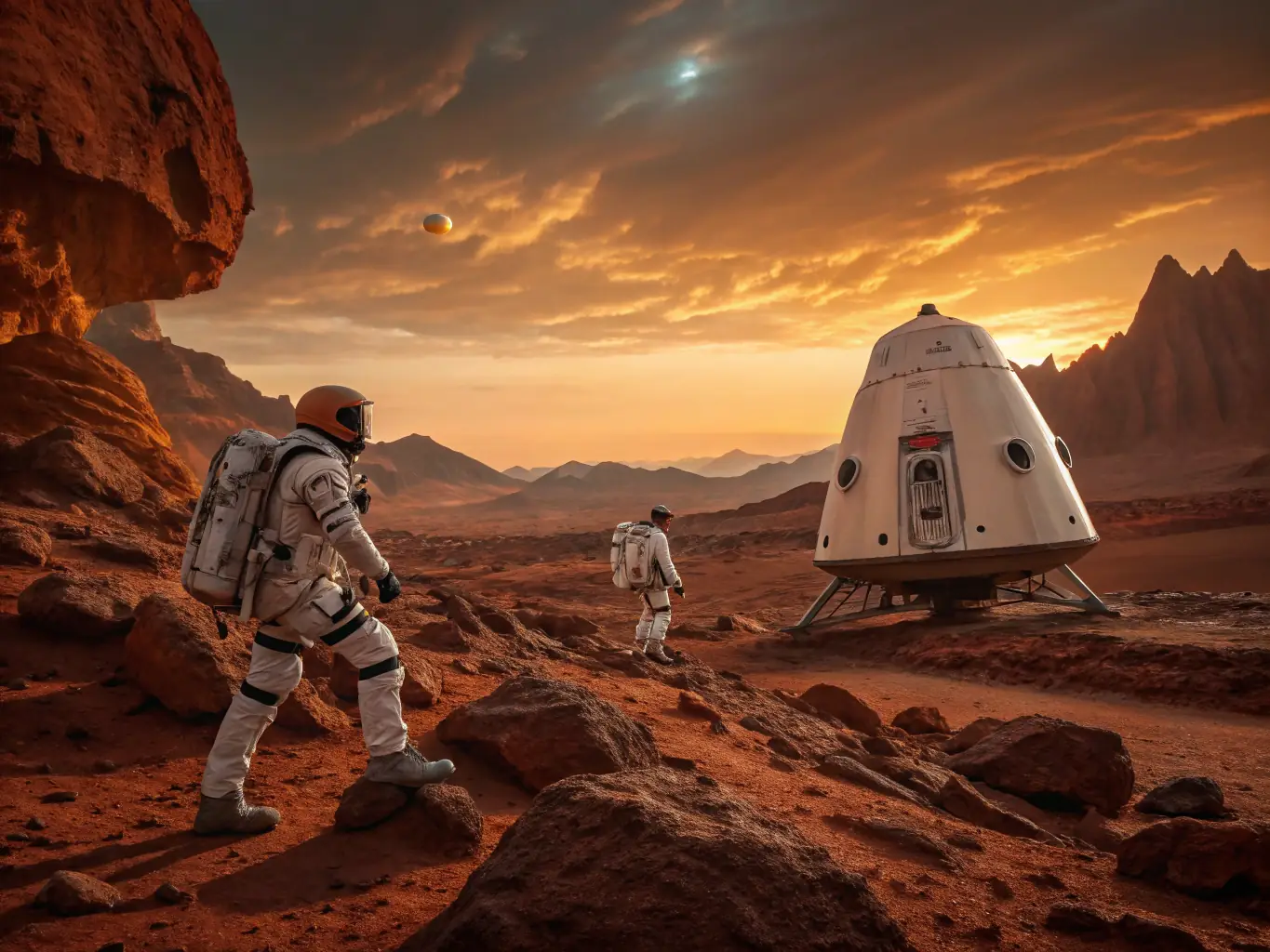 A vibrant image of astronauts exploring a Martian landscape, with futuristic spacecraft and habitats in the background, highlighting the potential for human colonization of other planets.