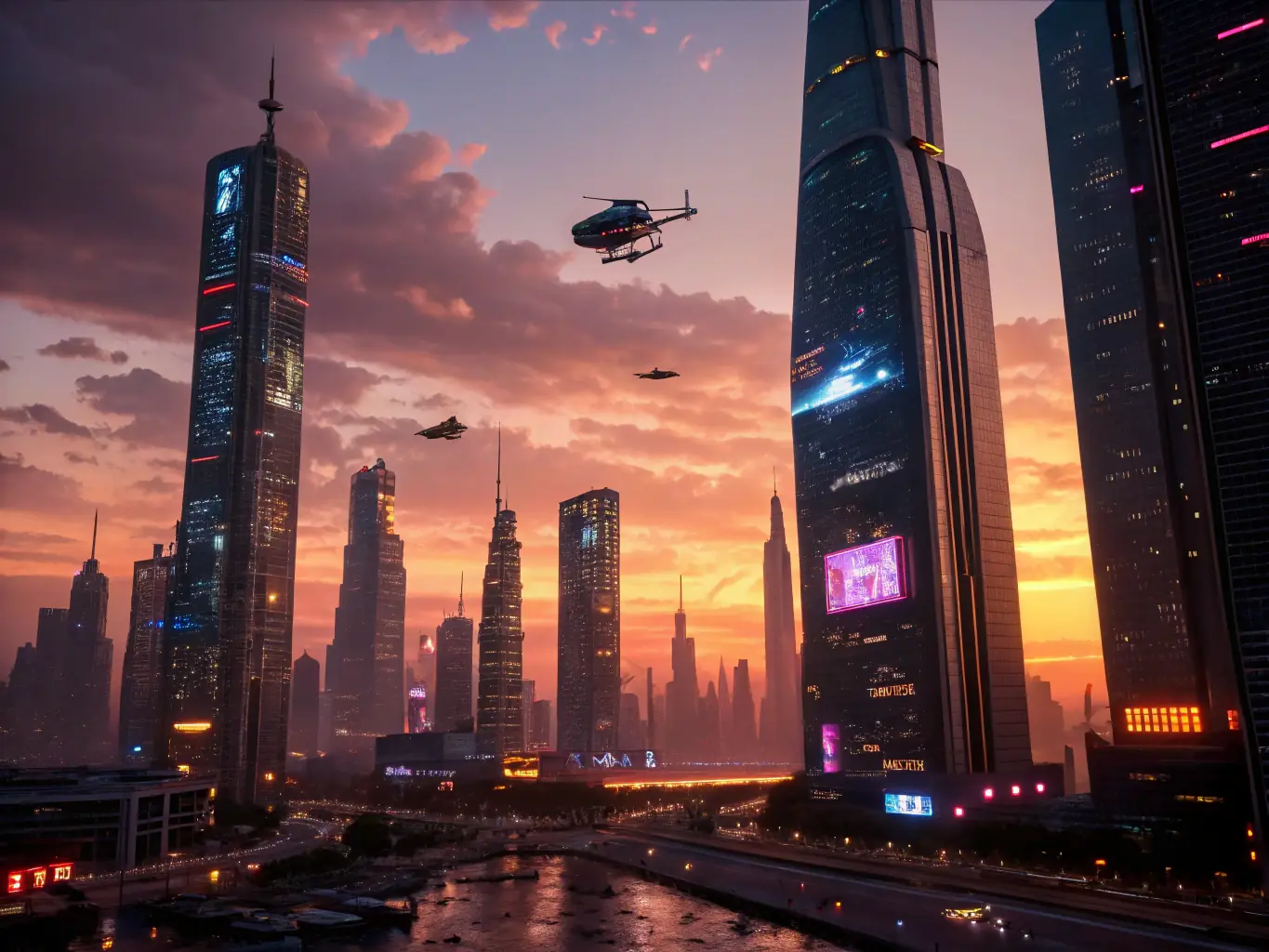 A futuristic cityscape with holographic displays showcasing AI applications in urban planning and daily life, emphasizing the integration of technology and human experience.