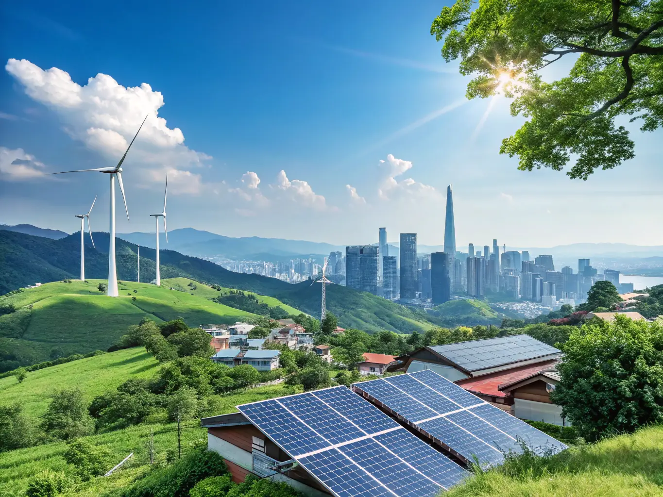 A lush, green cityscape powered by renewable energy sources, showcasing sustainable technologies and practices that can help mitigate climate change and create a healthier planet.